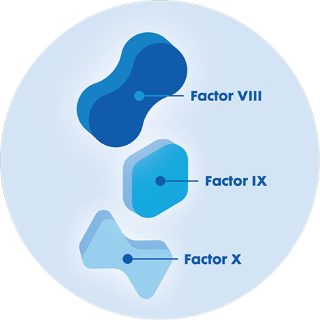Illustration of factor VIII, factor IX, factor X